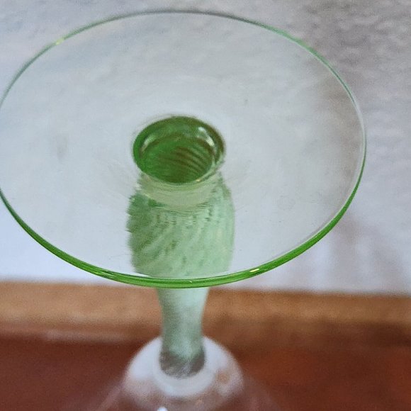 Weston Green Vaseline Stem Floral Stripe Etched Cordial 5.5" Depression Glass - Picture 6 of 12